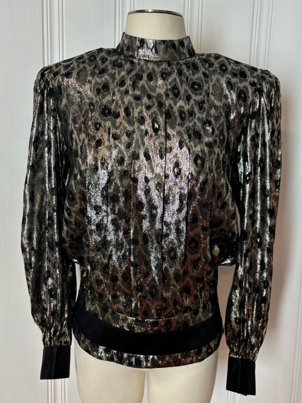 Vintage 80s RIMINI Silk Blend Metallic Leopard Puff Sleeve Blouse - Size Small